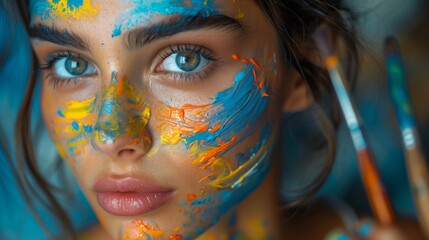 A woman with paint on her cheek is holding a brush