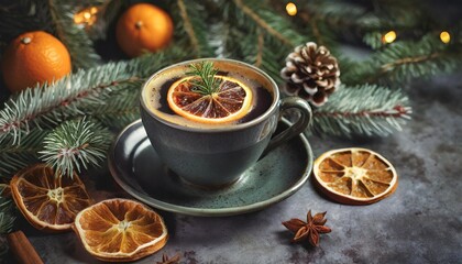 Fototapeta na wymiar cup of coffee with a christmas tree pattern dried orange slices and fir branches dark rustic background christmas cozy background view from above