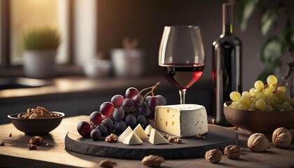 cheese plate with grapes nuts and wine on table in kitchen - obrazy, fototapety, plakaty