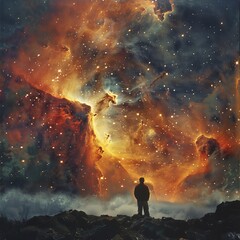 Fototapeta na wymiar A man as the universe observes a nebula where fire and cloud