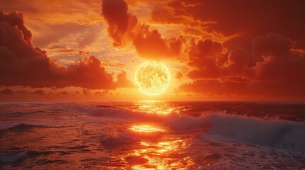 Ultra-realistic close-up of the sun melting into the ocean - obrazy, fototapety, plakaty