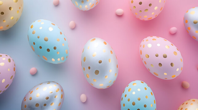 Lots of colorful vivid holographic neon Easter eggs are laid full of the entire area of image on a gradient pastel background. Pink color tone.