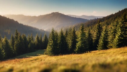 forested hills of carpathian mountains landscape with spruce trees on the grassy meadow beautiful nature scenery on a sunny day in autumn apuseni natural park of romania - obrazy, fototapety, plakaty