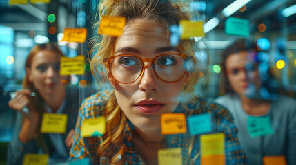 Business or creative presentation Team successful teamwork. Brainstorm meeting with sticky paper notes on glass wall for new ideas, Using agile methodology, Brainstorming in a tech start-up office.