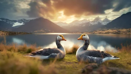 Foto op Plexiglas two andean geese resting in a landscape composed for a lake and grass at sunset in palcamayo tarma junin peru © Kendrick