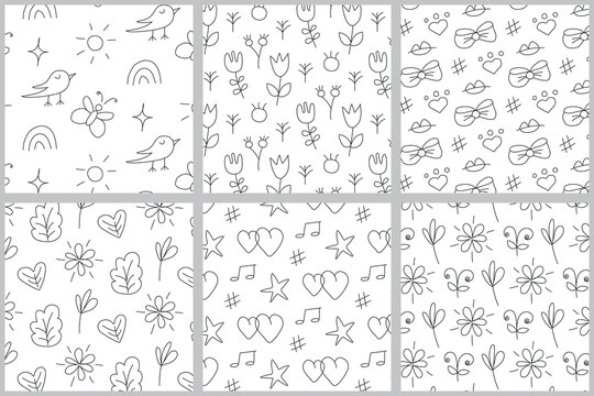 Doodle elements seamless pattern set. Black outline heart, flower, sun, rainbow, leaves, star, lips and berries repeat on white background. Vector illustration.