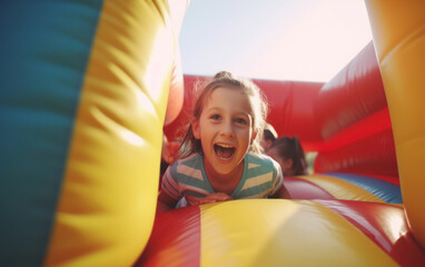 Two children are playing on a colorful inflatable bouncy castle,