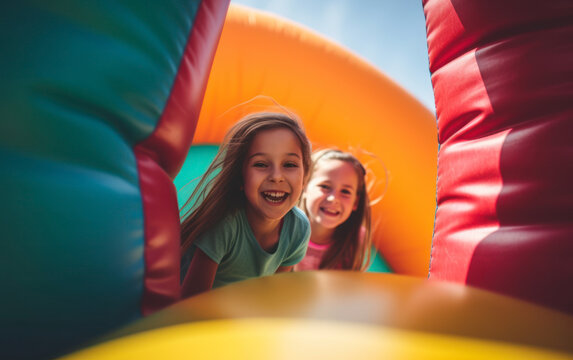 Two children are playing on a colorful inflatable bouncy castle,