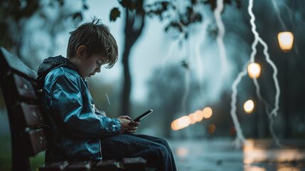 A boy on a bench stares intently at his phone as a storm rages around him, capturing a moment of isolation.: Impact of technology, mental health awareness campaigns, urban lifestyle. - obrazy, fototapety, plakaty