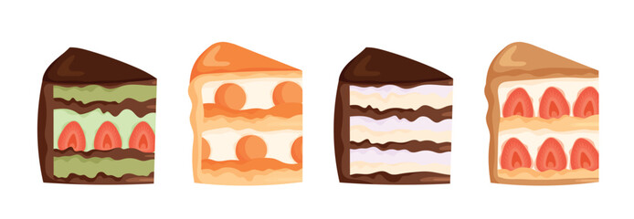 Set of hand drawn pieces of cakes isolated on white background. Slises of cakes. Chocolate and sponge cakes with different fillings. Vector design elements for postcards, stickers, label, logo, menu.