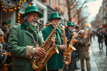 Musicians in green hats and suits celebrating St. Patrick's Day on a city street - obrazy, fototapety, plakaty