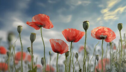 view of flowering red corn poppies papaver rhoeas with green buds against the blue white sky natural summer background