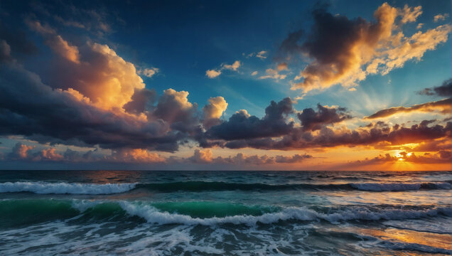 An awe-inspiring seascape panorama, capturing the celestial drama as the sky and sea unite in a breathtaking symphony of colors.