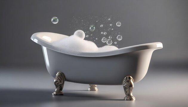 small bathtub with foam and soap bubbles on grey background