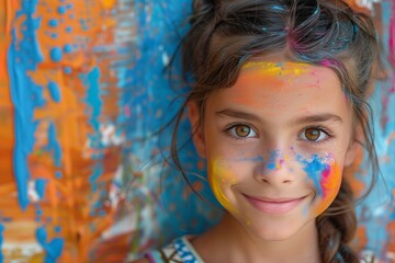 Happy girl with paint on cheek and nose smiles in front of painting