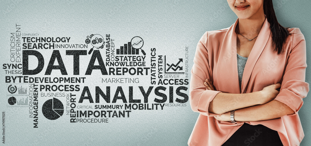 Poster data analysis for business and finance concept. interface showing future computer technology of prof