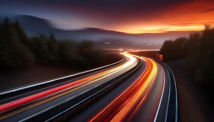 speed traffic at dramatic sundown time light trails