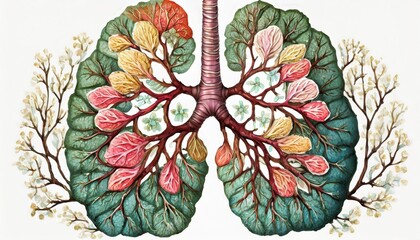 lungs respiratory bronchial tree multiple branched trachea bronchi and lungs pulmonary and respiratory artistic medicine illustration hand drawing with gouache and paint sprinkles isolated white - obrazy, fototapety, plakaty