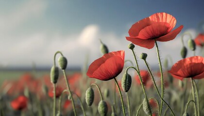 view of flowering red corn poppies papaver rhoeas with green buds against the blue white sky natural summer background - obrazy, fototapety, plakaty