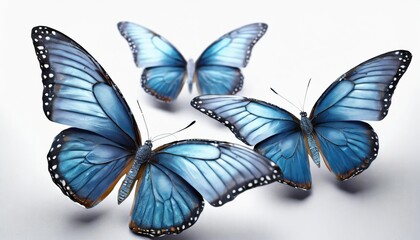 three blue butterflies isolated on a white background