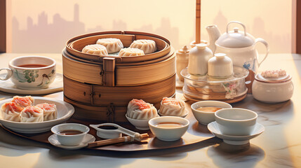 Savory Dim Sum Delights: Traditional Chinese Cuisine on a Bamboo Table – Culinary Art Captured in Gourmet Food Photography