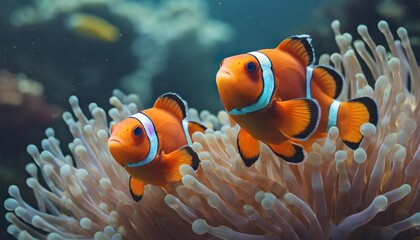 Naklejka na ściany i meble two orange clownfish swimming in aquarium underwater diving and vivid tropical fish hidding in bubble tip anemone real sea life