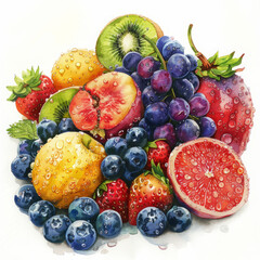 Artistic watercolor painting featuring an array of tropical and citrus fruits with splashes of paint and vibrant hues.