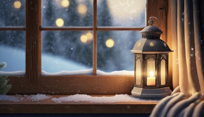 festive lantern on a wooden window sill in winter indoors