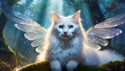 beautiful white female cat with transparent fairy wings like aesthetic magical brightening