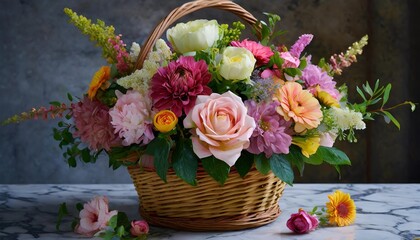 Fototapeta na wymiar flower arrangement in wicker basket beautiful bouquet of mixed flowers on a marble table floral shop concept handsome fresh bouquet flowers delivery
