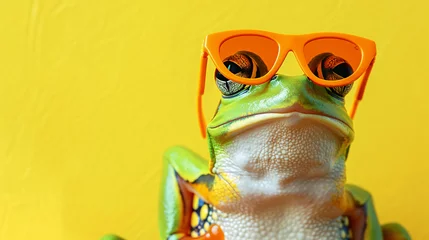 Rolgordijnen Stylish frog with orange sunglasses on a vibrant © John