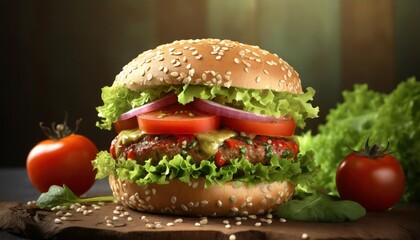 fresh vegan burger with plant based meat sesame seed bun sliced tomato and lettuce