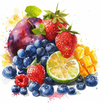 Artistic watercolor painting featuring an array of tropical and citrus fruits with splashes of paint and vibrant hues.