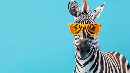Foto op Aluminium Stylish zebra with orange sunglasses on a blue © John