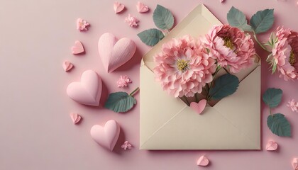 valentine s day background pink flowers envelope hearts on pastel pink background valentines day concept flat lay top view copy space