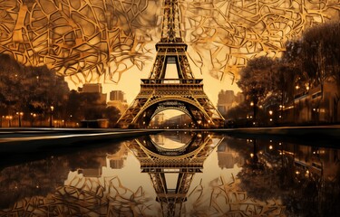 Views of Paris and the Eiffel Tower in style of Gustav Klimt