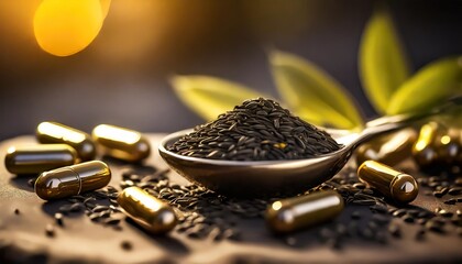 capsules black cumin oil with cumin seeds in closeup