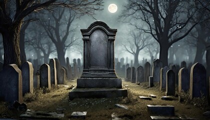unmarked tombstone in moonlit forgotten graveyard surrounded by dark trees at night - obrazy, fototapety, plakaty