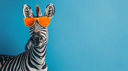 Gardinen Stylish zebra with orange sunglasses on a blue © John
