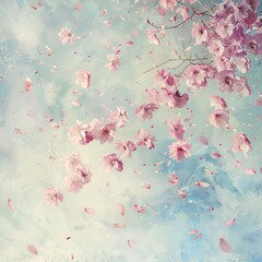Flying Pink Sakura Petals, falling cherry Flowers, Vintage Painting with Copy Space