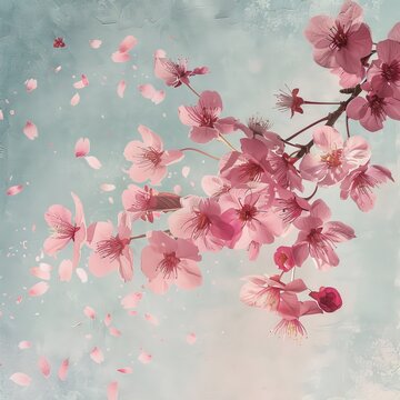 Flying Pink Sakura Petals, falling cherry Flowers, Vintage Painting with Copy Space