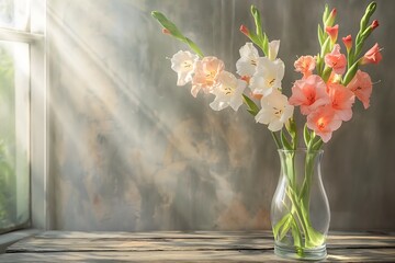 flower decoration in a glass vase with sunlight on wooden table
