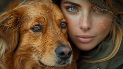 A woman beside a brown dog with whiskers and a companion dog breed