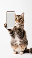 Obraz premium Elegant Cat Posing with Blank Smartphone Screen in Its Paw on White Background, Embracing the Concept of Technology and Communication
