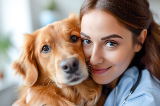 A close-up image of a female veterinarian with a sick dog after conducting a health examination and administering a vaccine in the clinic.
