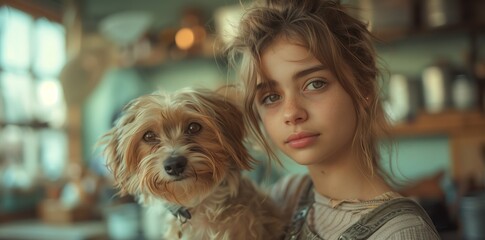 Blond young woman holding a toy dog in her arms at a sharing event