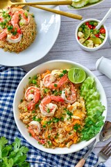 Fried rice with shrimps on  white plate