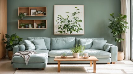 Relaxing interior with green sofa, plant decor, and botanical art piece 