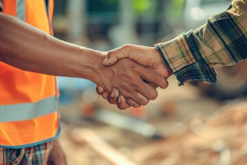 Smiling contractor in plaid shirt shaking hands with client, finalizing details on a residential renovation project in a home interior - AI generated - obrazy, fototapety, plakaty