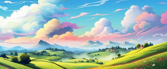 Idyllic gradient countryside with rolling hills and a vibrant sky, capturing the cutest and most...